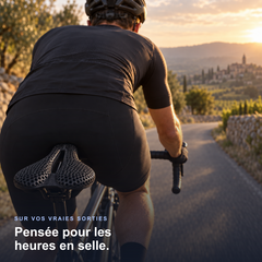 Cycliste sur route au coucher du soleil avec la Selle Sadelio 3D montée sur le vélo