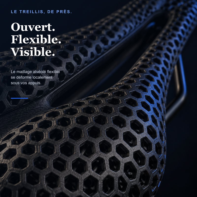 Gros plan du treillis alvéolé ouvert et flexible de la Selle Sadelio 3D
