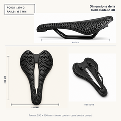 Dimensions de la Selle Sadelio 3D : 250 par 150 mm, 270 g et rails ronds de 7 mm