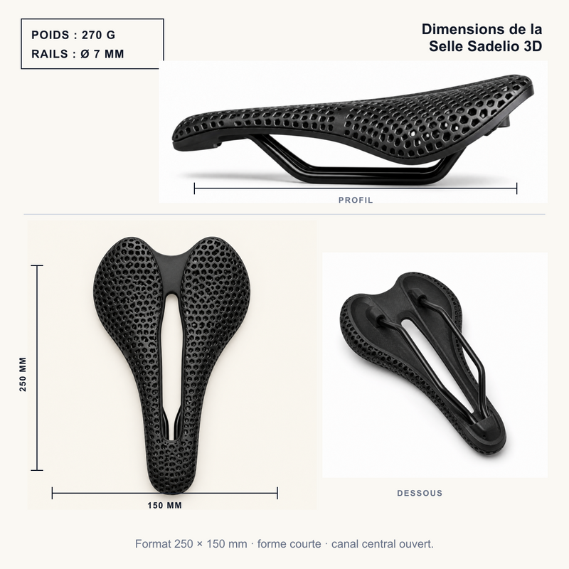 Dimensions de la Selle Sadelio 3D : 250 par 150 mm, 270 g et rails ronds de 7 mm