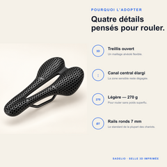 Avantages de la Selle Sadelio 3D : treillis ouvert, canal central, 270 g et rails 7 mm