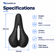 Sadelio 3D saddle specifications: 250 x 150 mm, 270 g, carbon composite shell, chromoly 7 mm rails