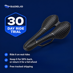 Sadelio 30-day ride trial: keep it for 50% back or return it for a full refund, free tracked shipping