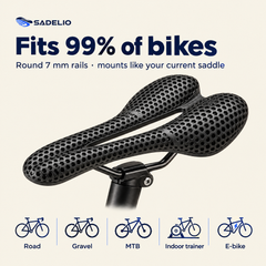 Sadelio 3D saddle fits 99% of bikes: round 7 mm rails for road, gravel, MTB, indoor trainer and e-bike