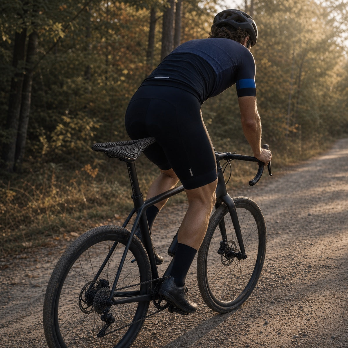 Cycliste gravel avec une selle Sadelio 3D sur chemin forestier