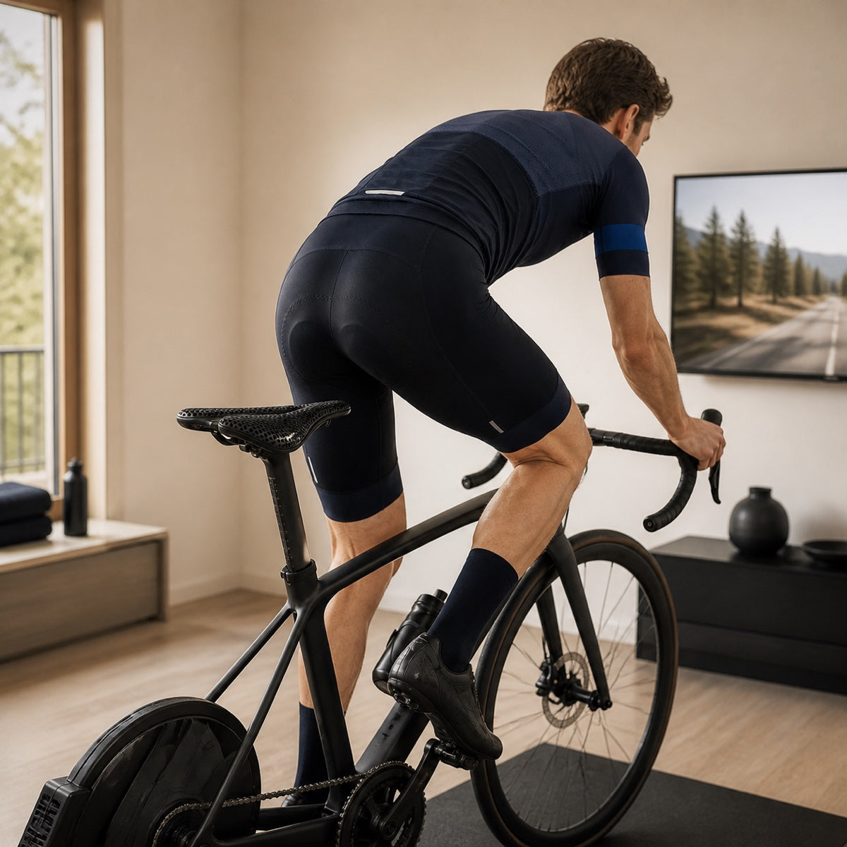 Cycliste sur home-trainer avec une selle Sadelio 3D